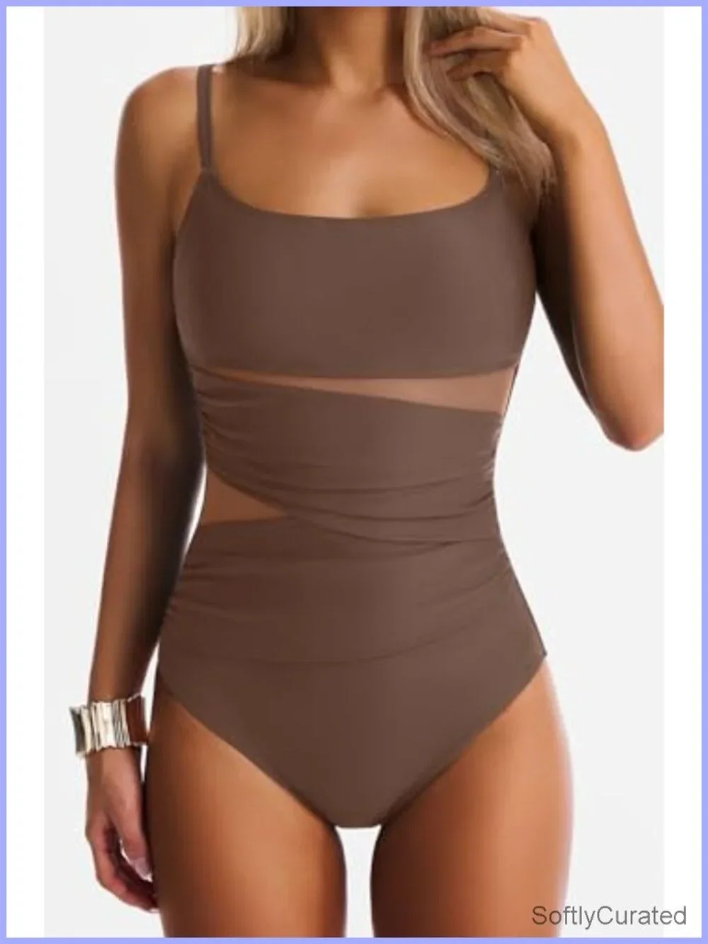 Tummy Control One Piece Swimsuit Mesh Push Up Square Neck